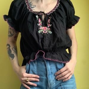 Black Embroidered Peasant Top